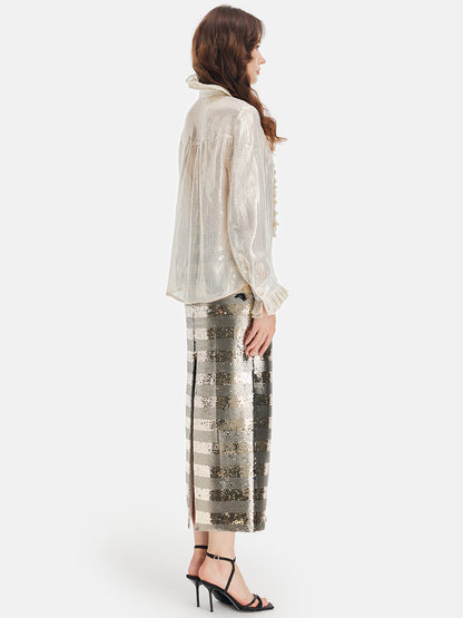 Silk Gold-Foil Pleated Shirt