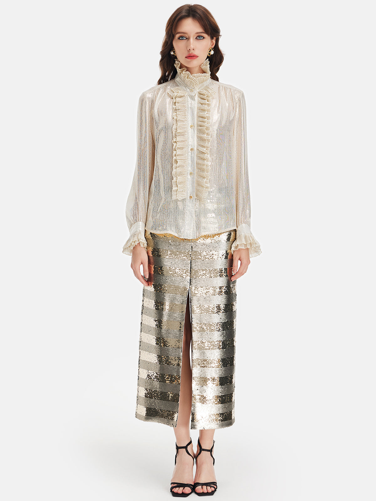 Silk Gold-Foil Pleated Shirt