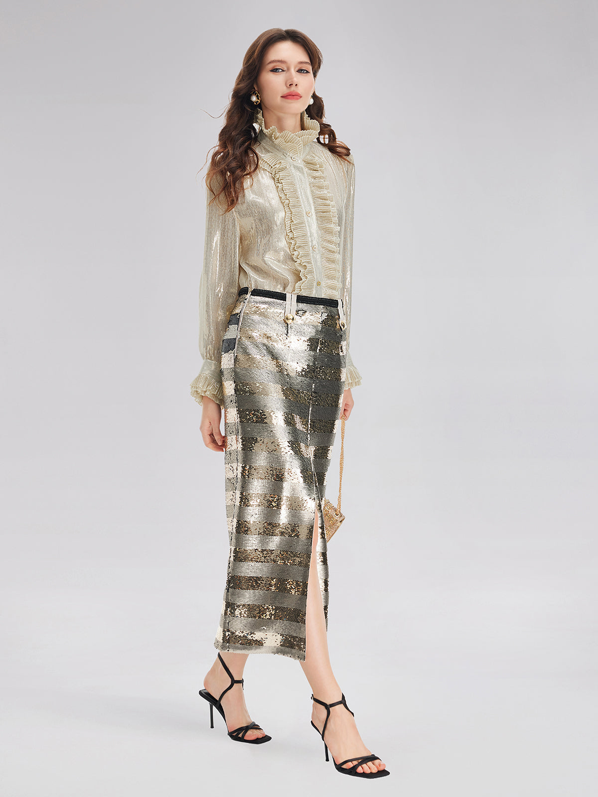 Silk Metallic-Sheen Pleated Shirt