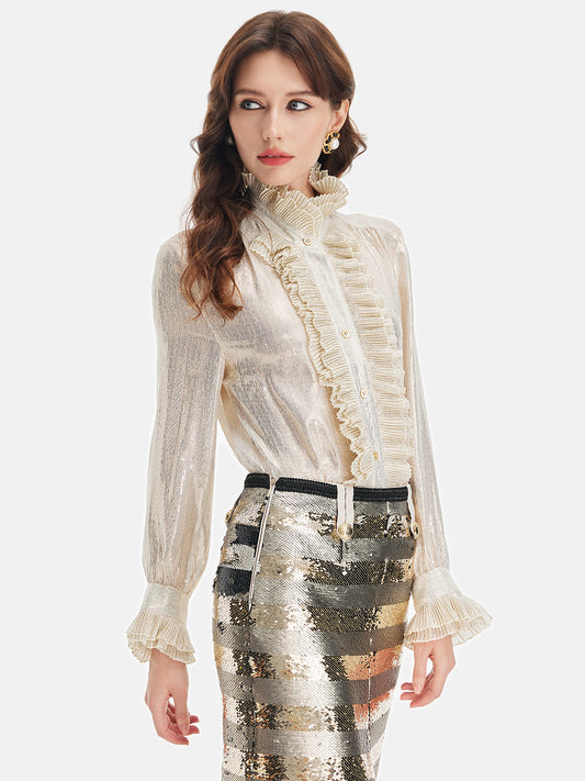 Silk Gold-Foil Pleated Shirt