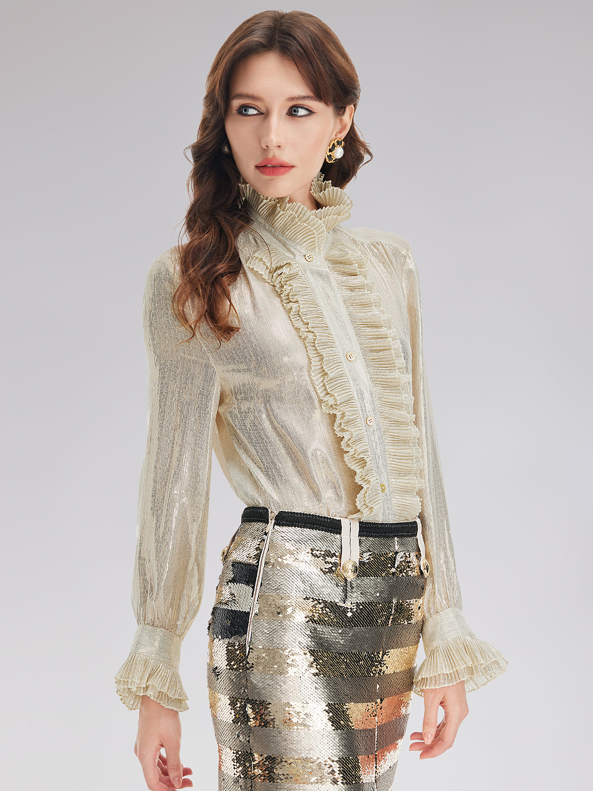 Silk Metallic-Sheen Pleated Shirt