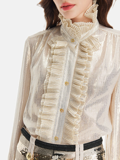 Silk Gold-Foil Pleated Shirt