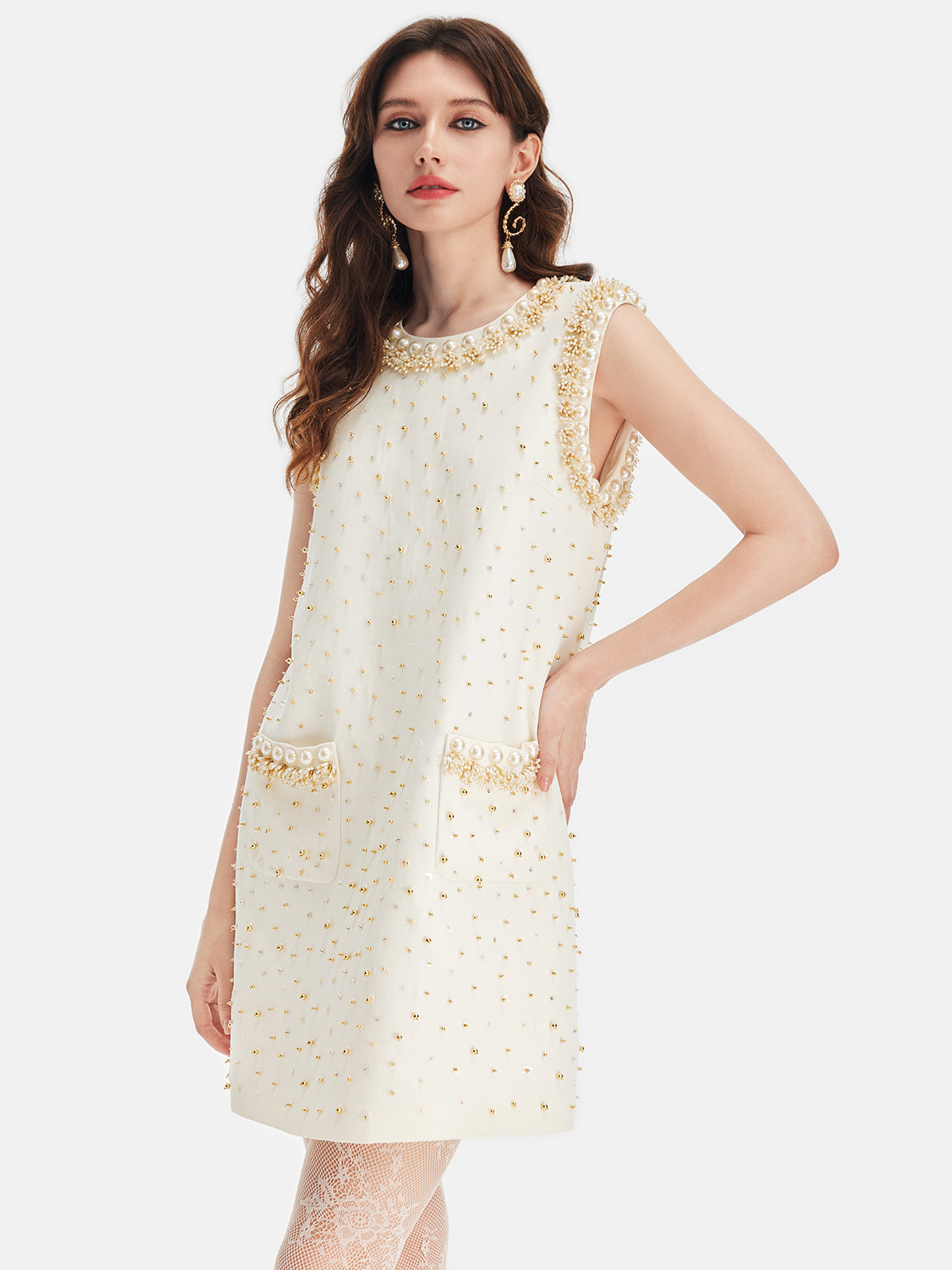 Pearl-Embellished Sleeveless Dress