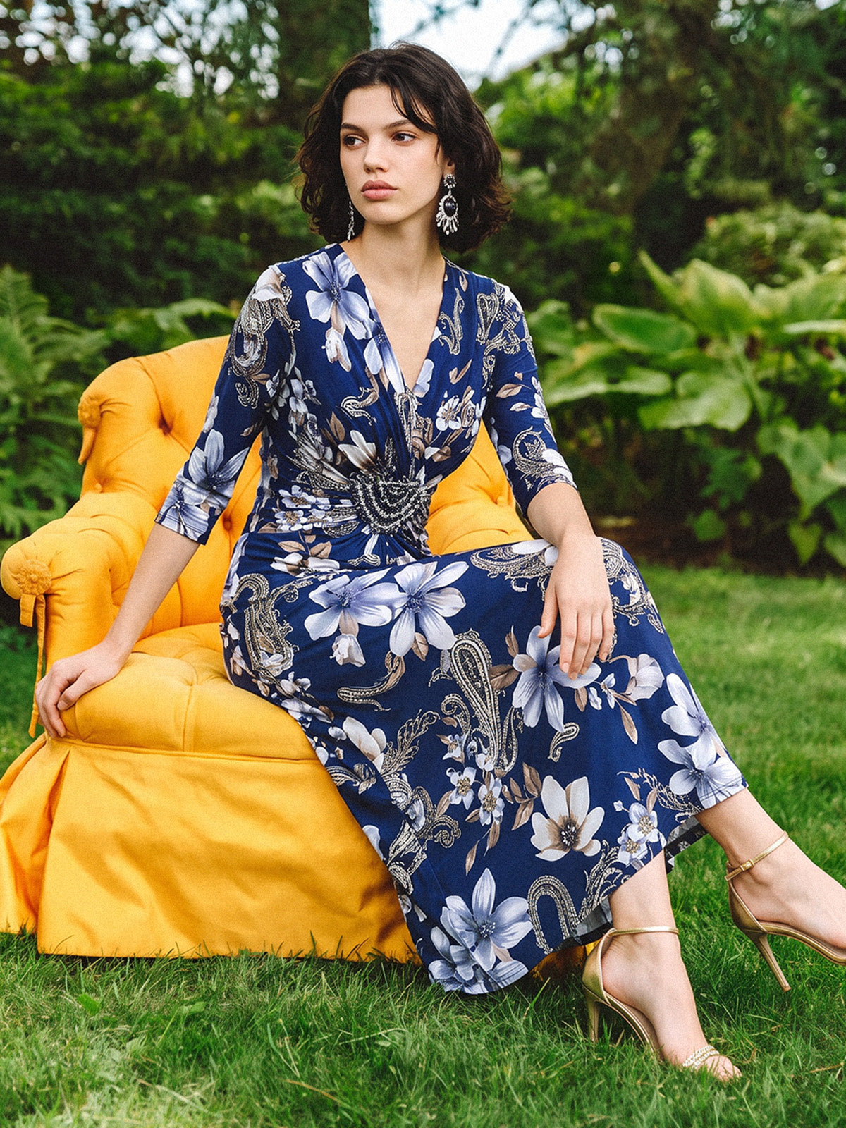 Ice-Silk Knit Beaded-Waist Floral Paisley Dress
