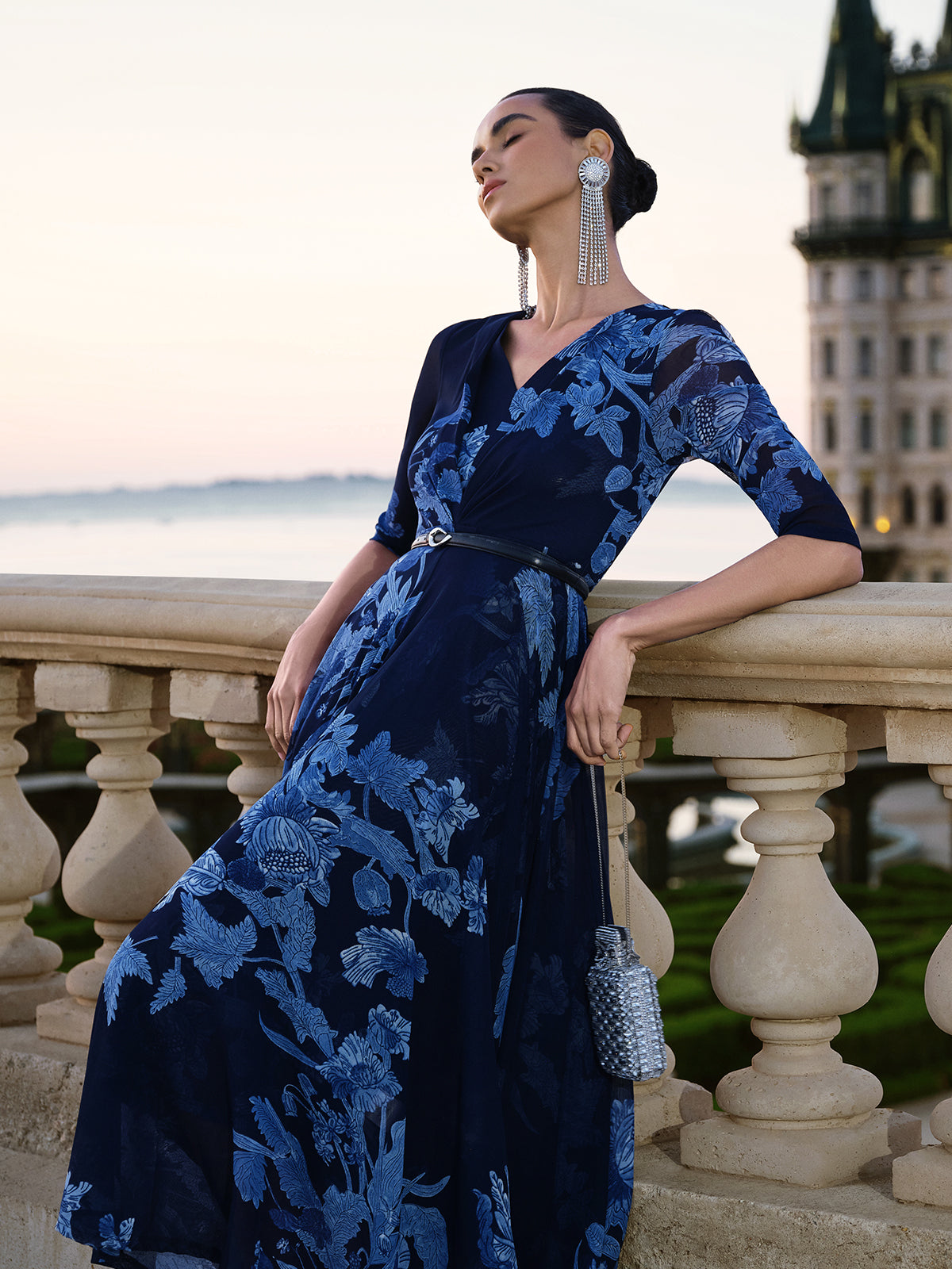 Floral Mesh V-Neck Maxi Dress (Belt Included)