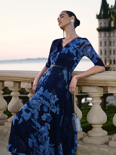 Floral Mesh V-Neck Maxi Dress (Belt Included)