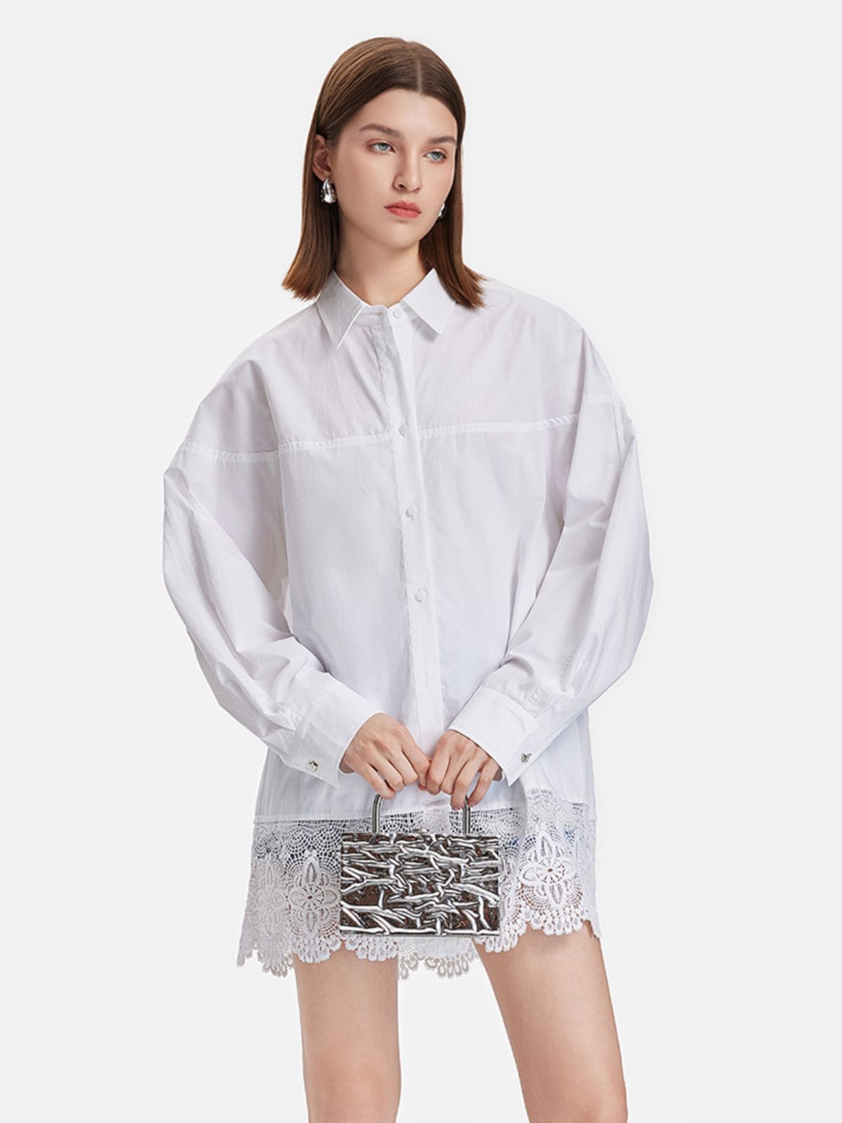 Lace Trim Oversized Long Shirt