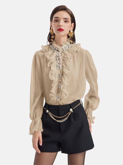 Ruffled Stand Collar Beaded Shirt