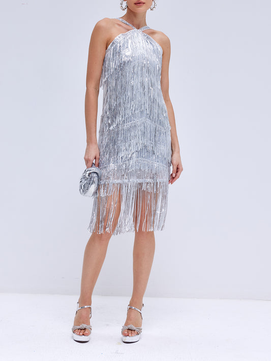 Beaded Sequin Fringe Halterneck Dress