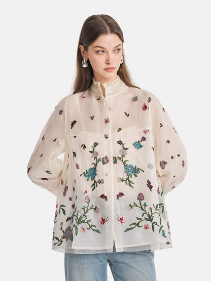 Silk Floral Embroidery Lace Blouse