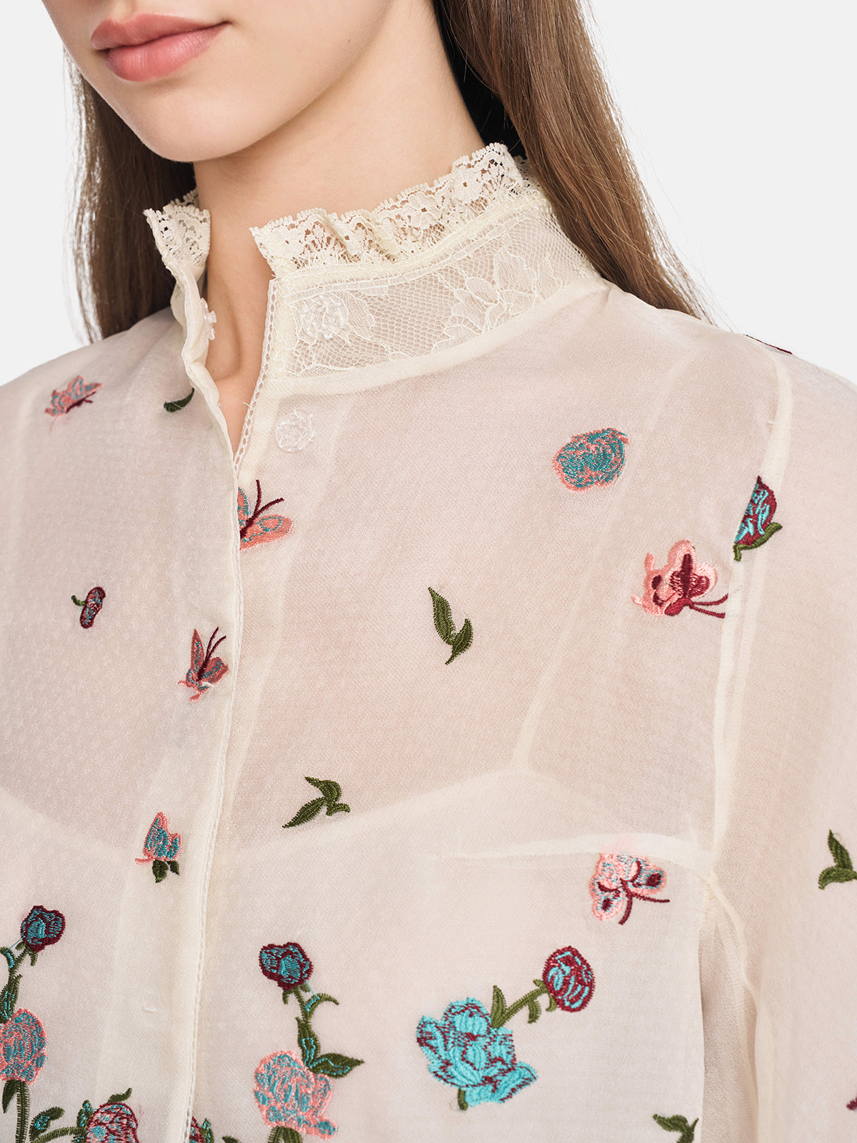 Silk Floral Embroidery Lace Blouse