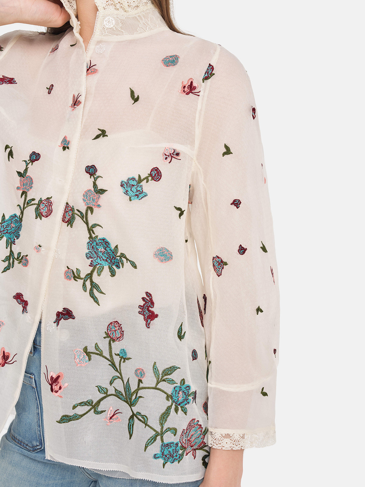 Silk Floral Embroidery Lace Blouse