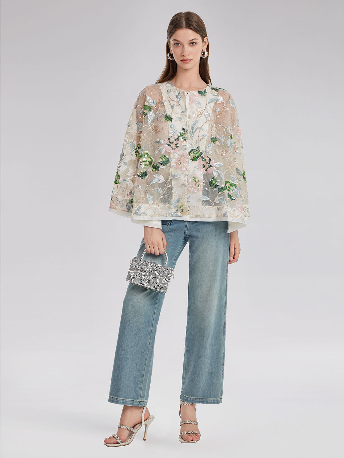 Sequin Floral Embroidered Shirt