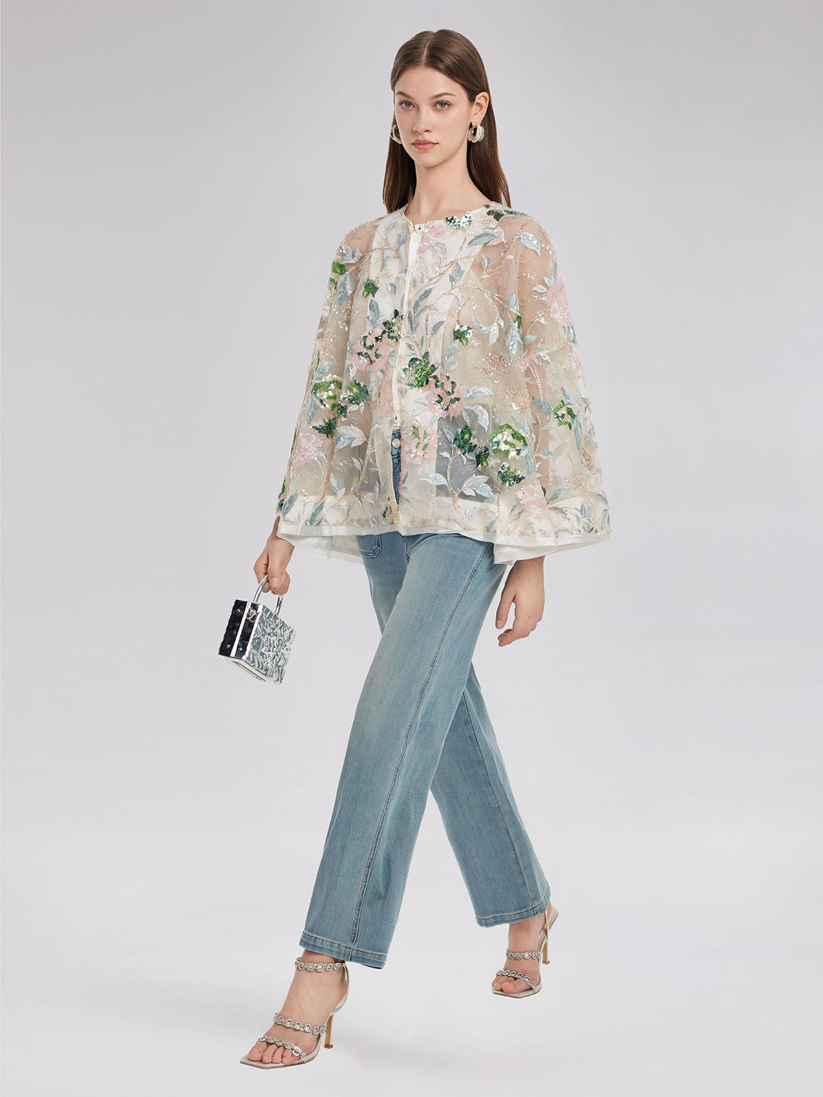 Sequin Floral Embroidered Shirt