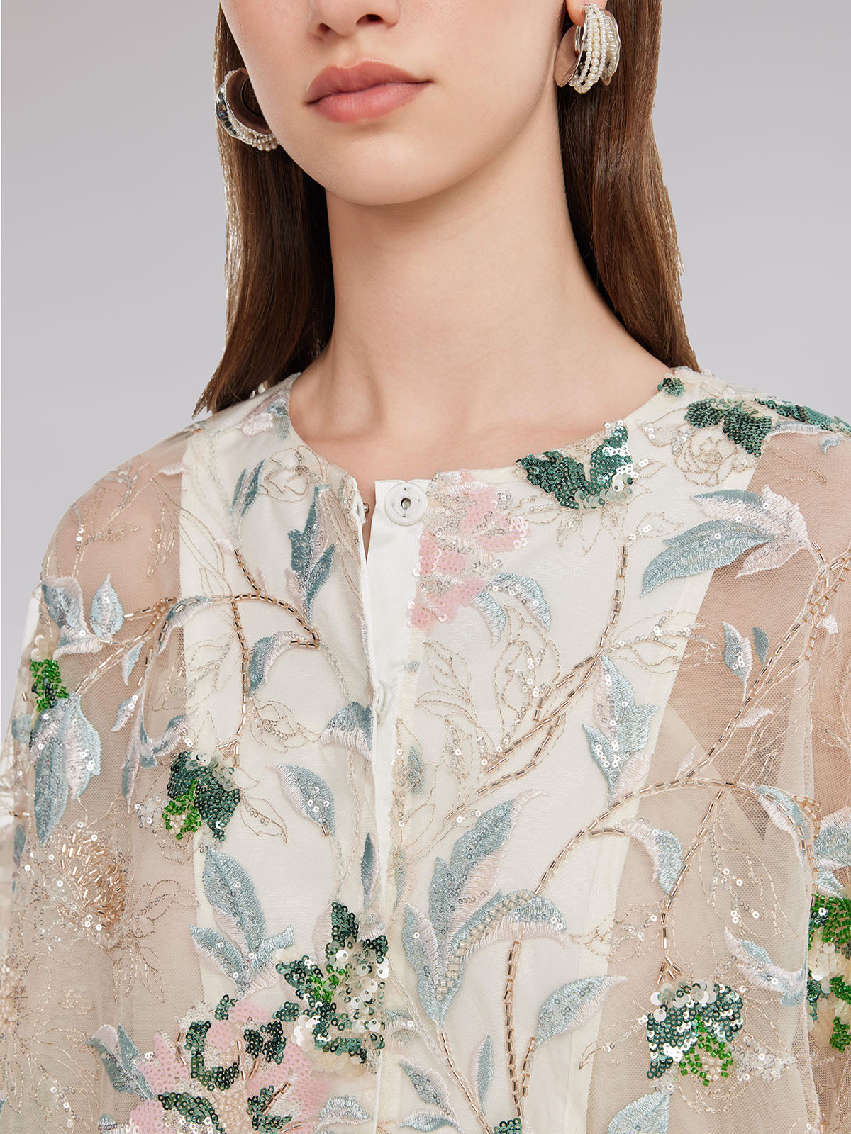 Sequin Floral Embroidered Shirt