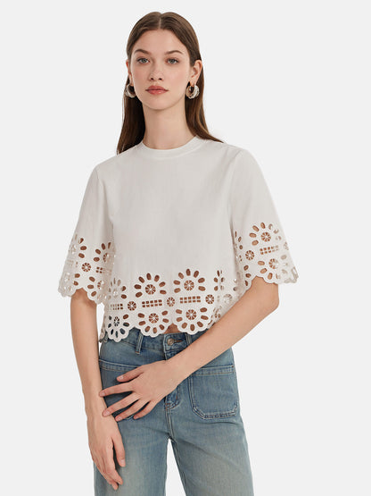 Hollow Embroidered Round Neck T-Shirt