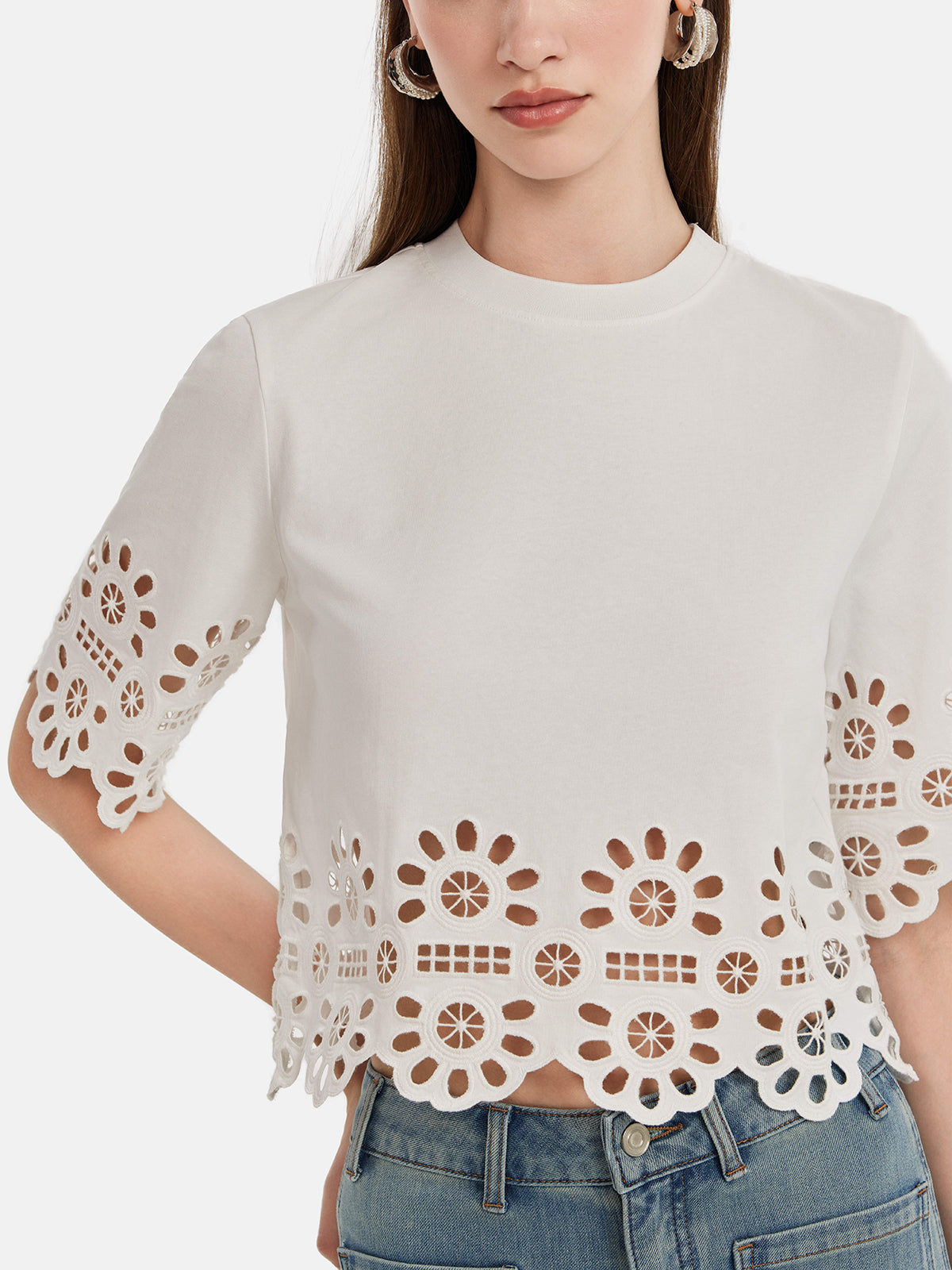 Hollow Embroidered Round Neck T-Shirt