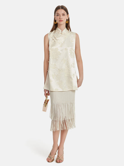 Pleated Fringe Midi Skirt