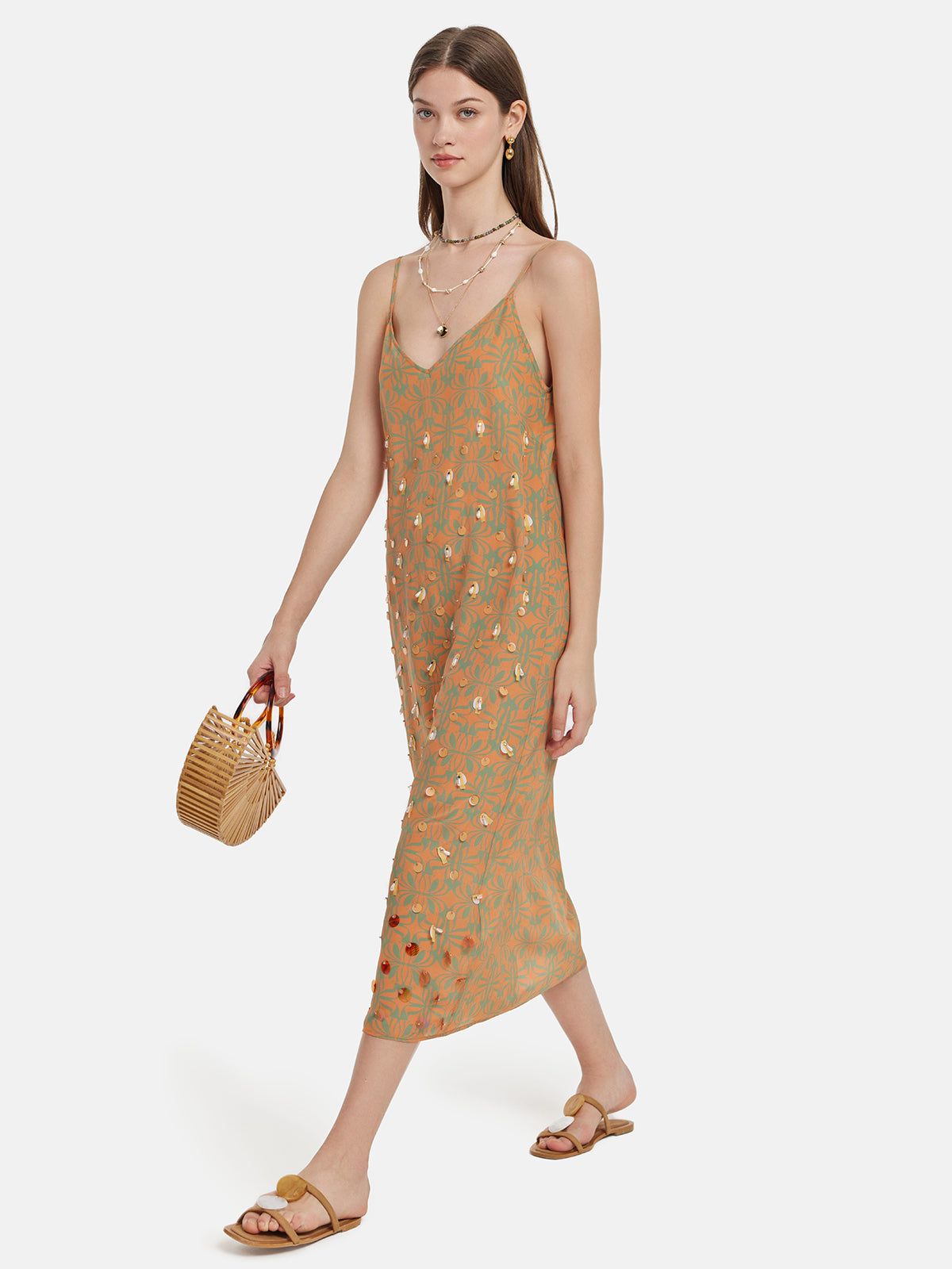 Garden Print Beaded Silk Dress