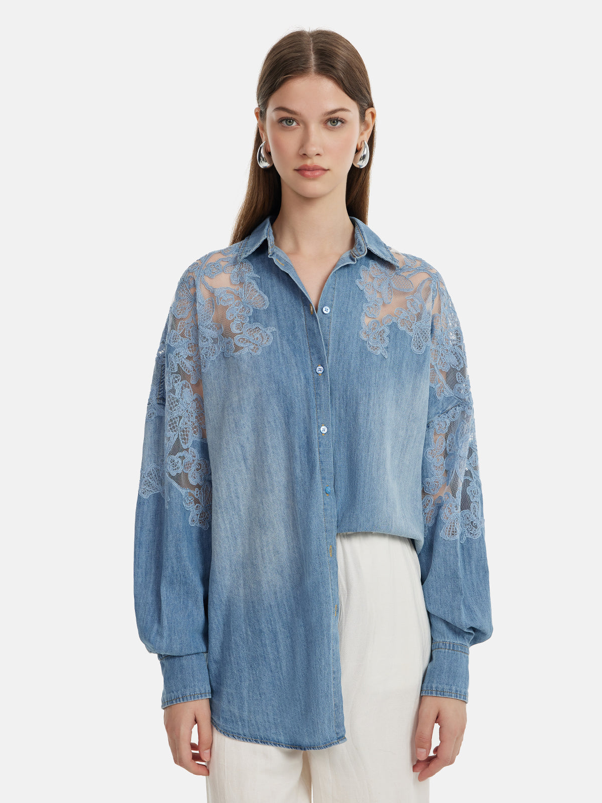 Floral Lace Panel Denim Shirt