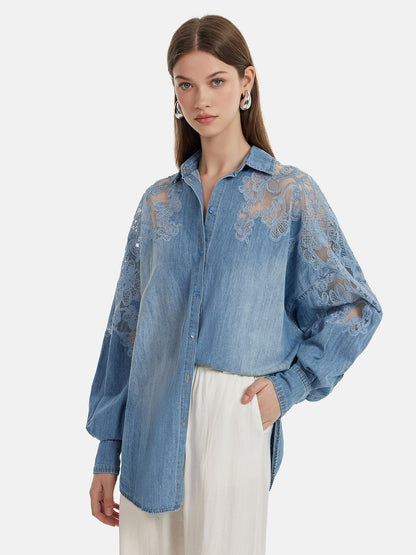 Floral Lace Panel Denim Shirt