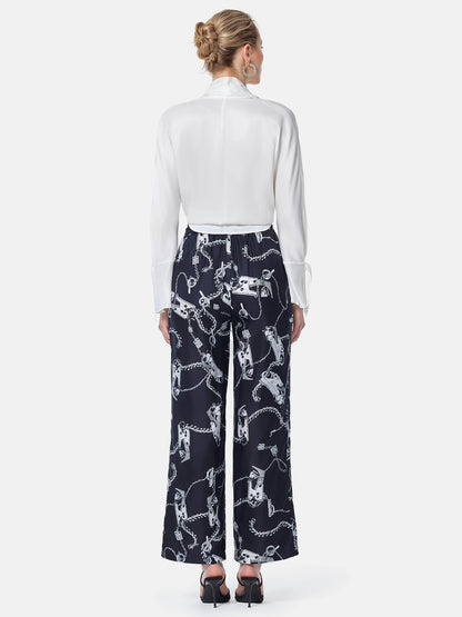 Metal Chain Print Silk Straight Pants