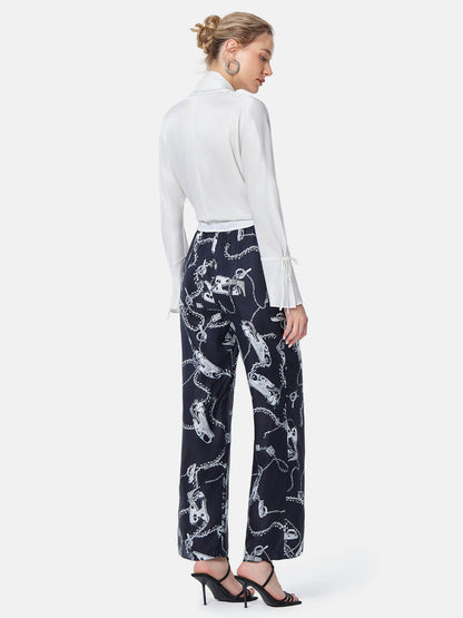 Metal Chain Print Silk Straight Pants