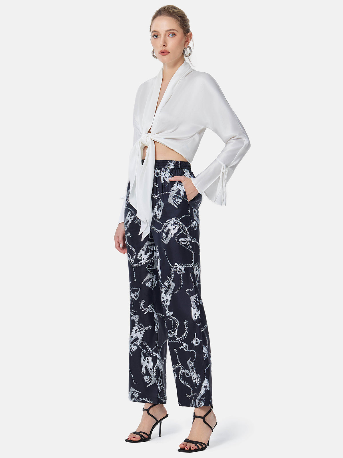 Metal Chain Print Silk Straight Pants