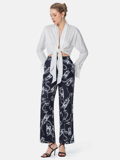 Metal Chain Print Silk Straight Pants