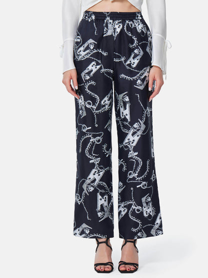 Metal Chain Print Silk Straight Pants