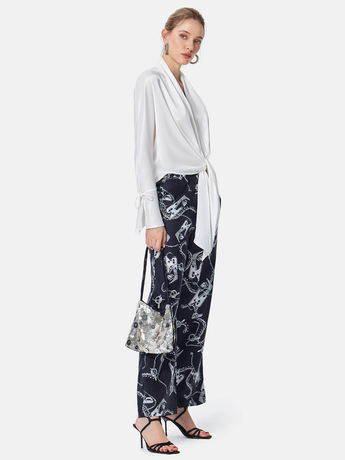 Metal Chain Print Silk Straight Pants