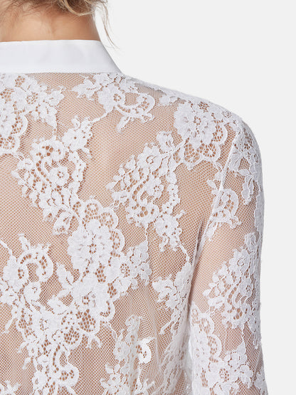 Lace Insert Silk Pleated Shirt