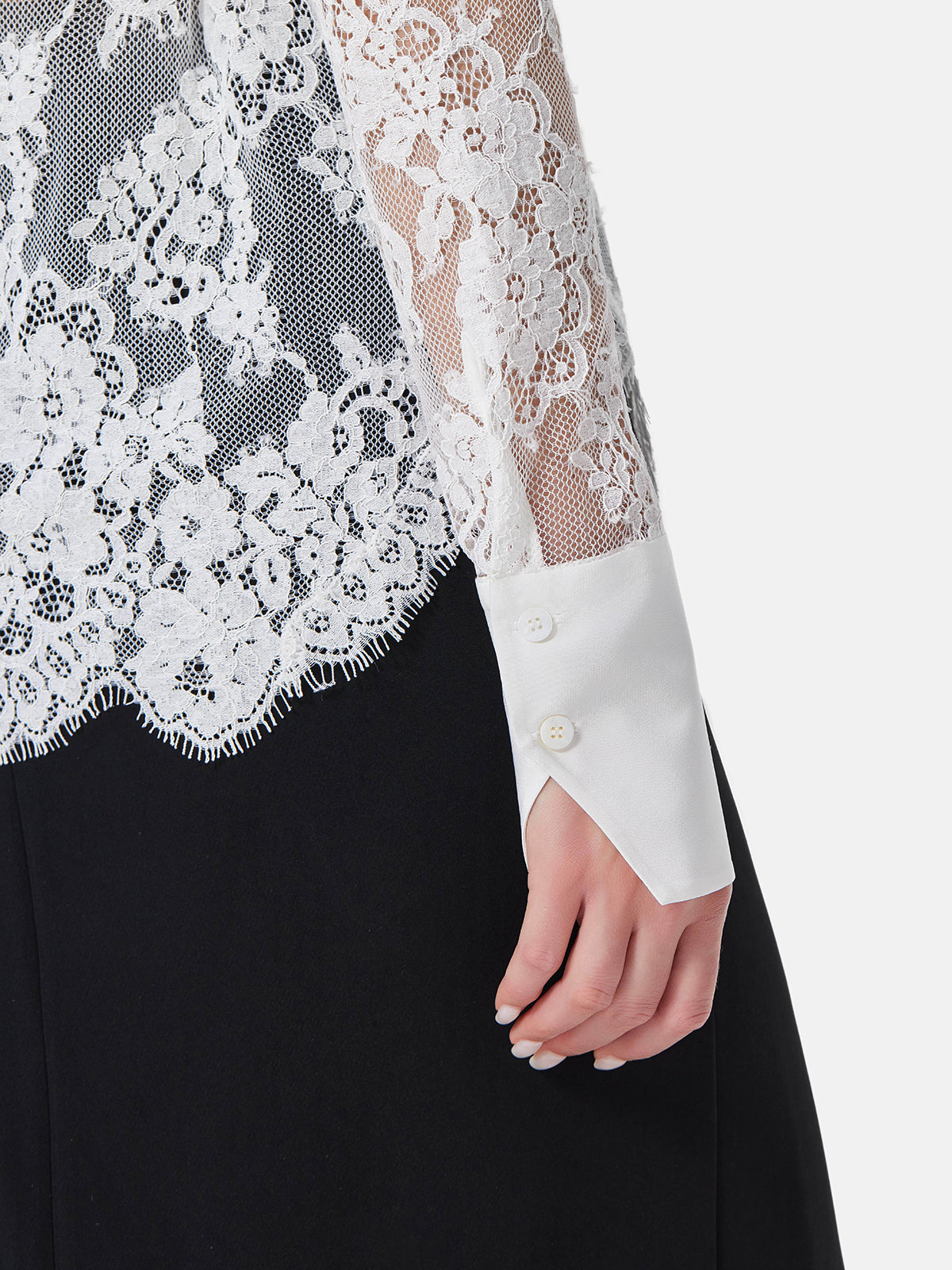 Lace Insert Silk Pleated Shirt