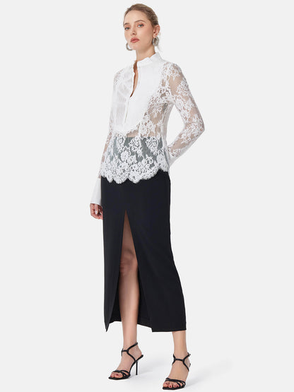 Lace Insert Silk Pleated Shirt