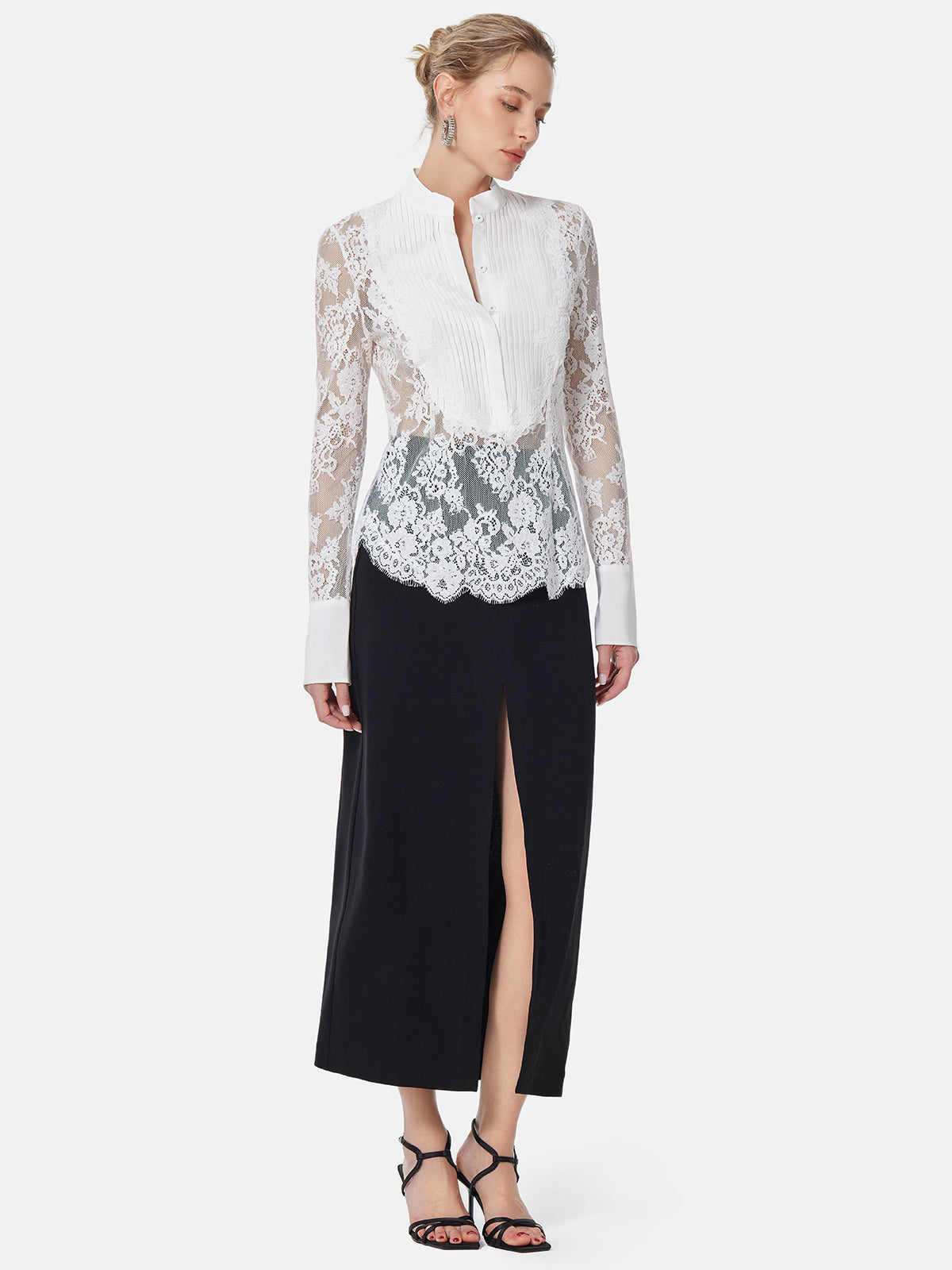 Lace Insert Silk Pleated Shirt