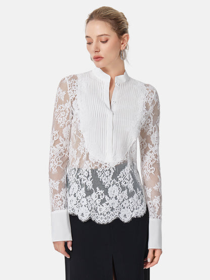 Lace Insert Silk Pleated Shirt