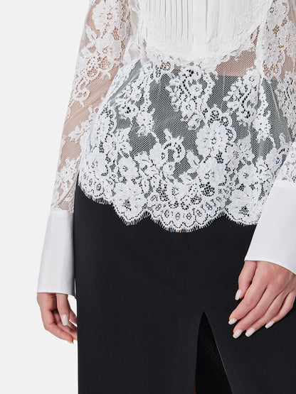 Lace Insert Silk Pleated Shirt