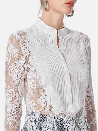 Lace Insert Silk Pleated Shirt