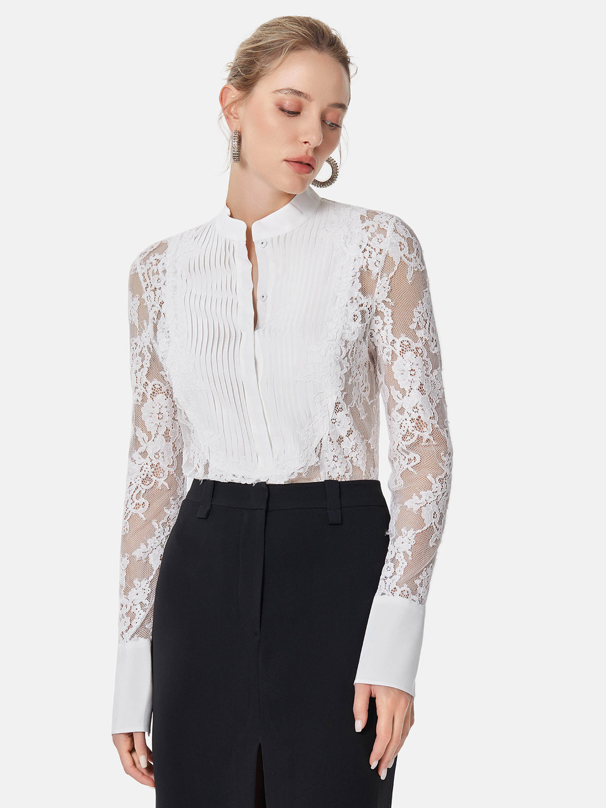 Lace Insert Silk Pleated Shirt