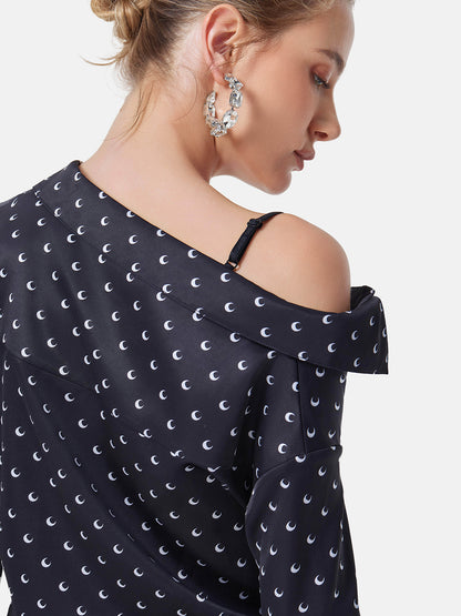 Moon Print Off-Shoulder Shirt