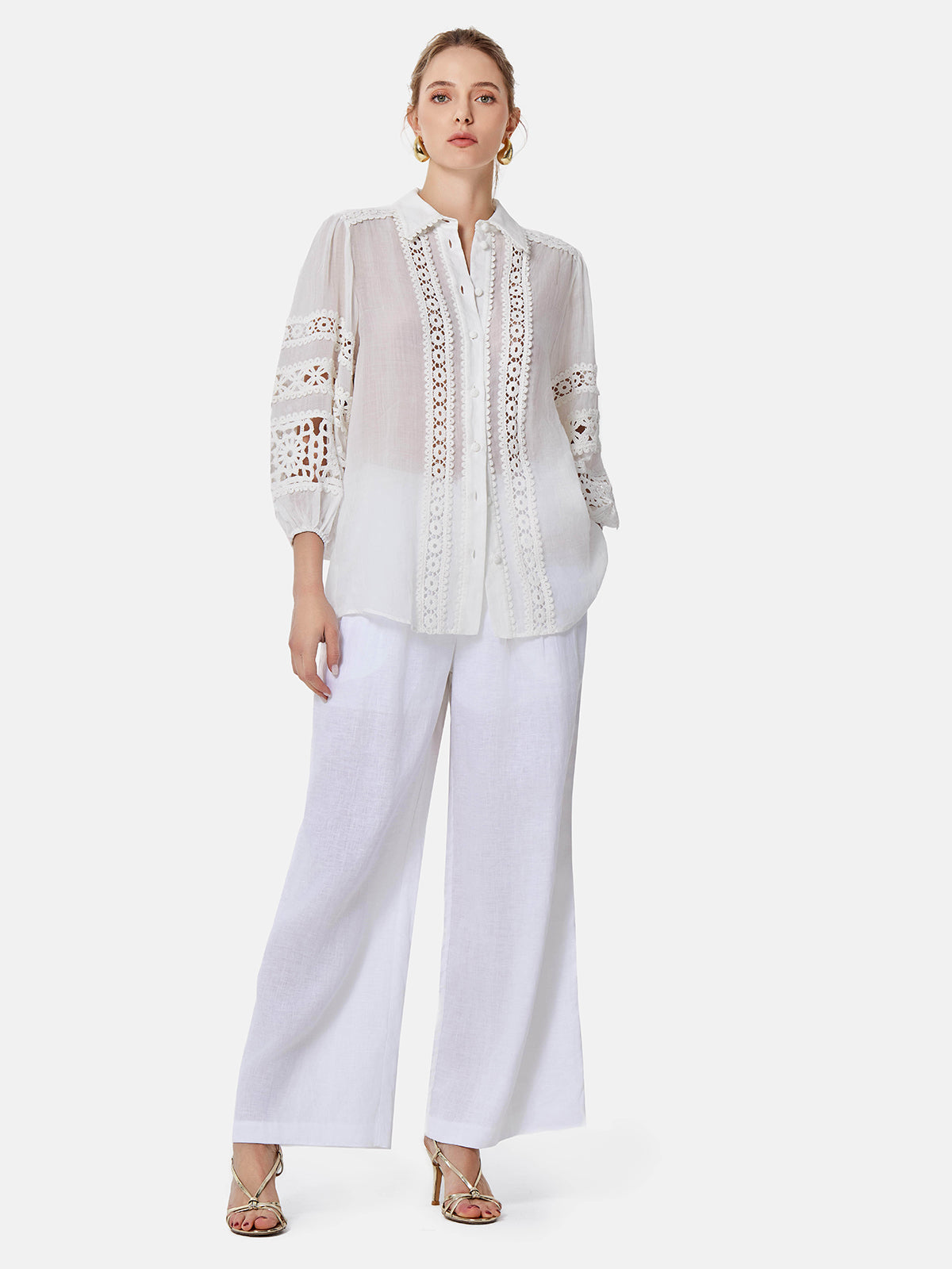 Hollow Embroidered Linen Lantern Sleeve Shirt