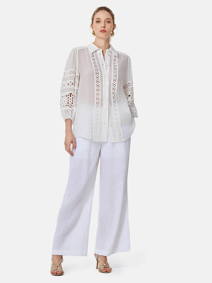 Hollow Embroidered Linen Lantern Sleeve Shirt