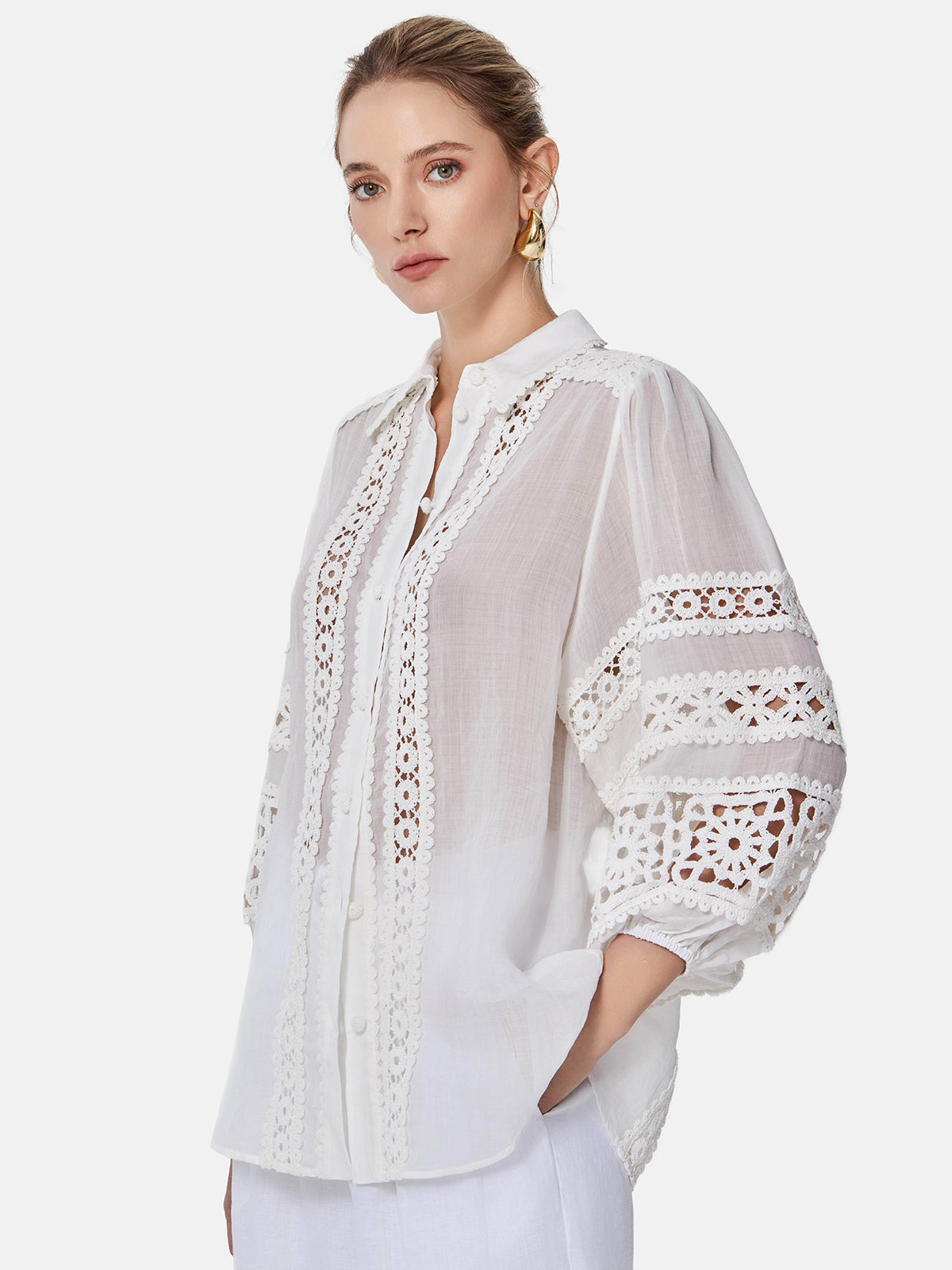 Hollow Embroidered Linen Lantern Sleeve Shirt