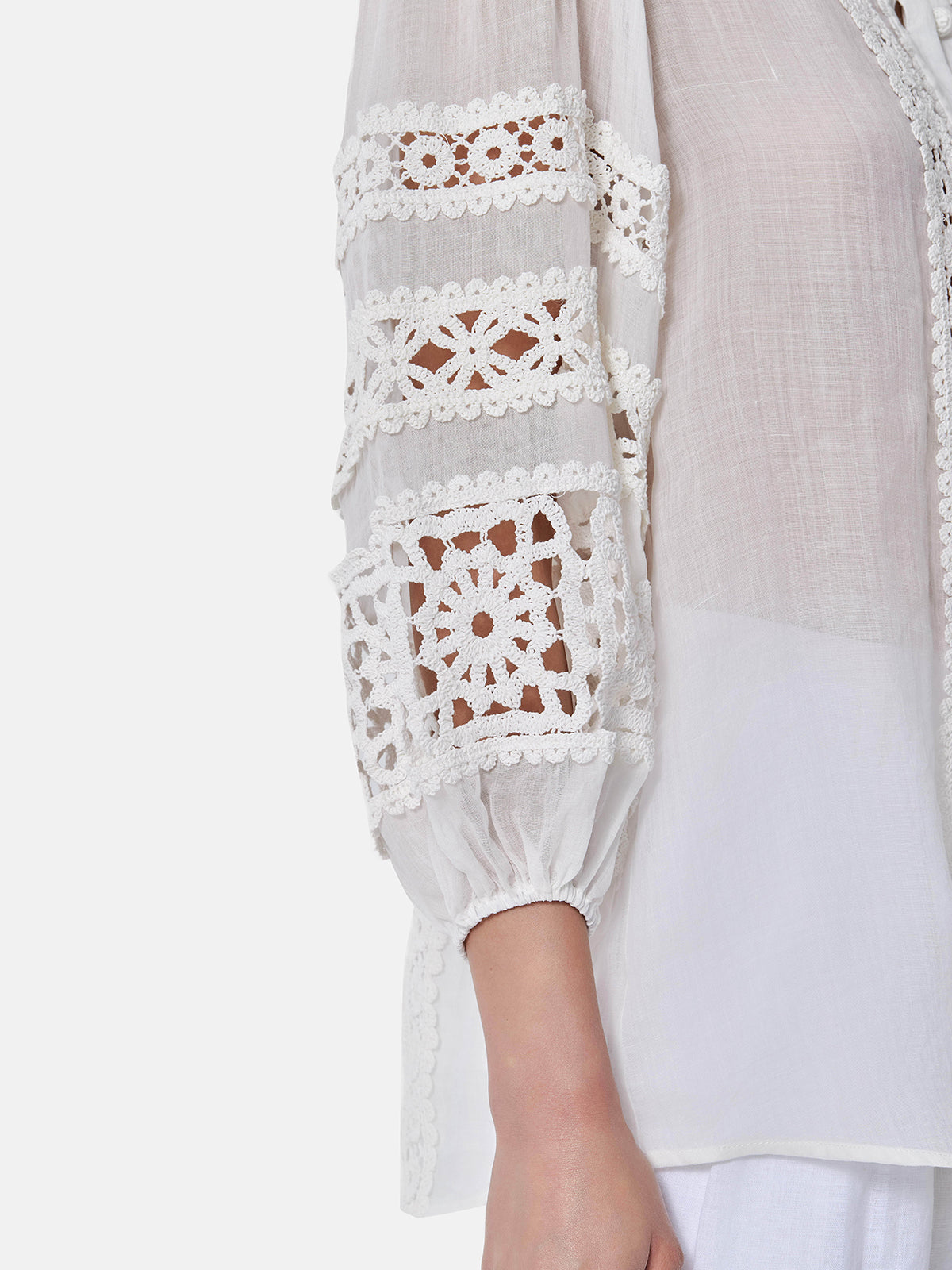 Hollow Embroidered Linen Lantern Sleeve Shirt