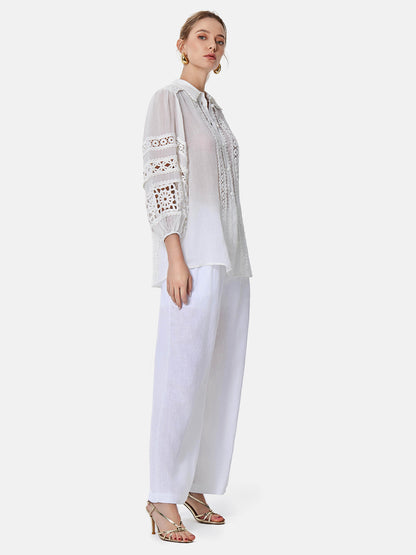 Hollow Embroidered Linen Lantern Sleeve Shirt