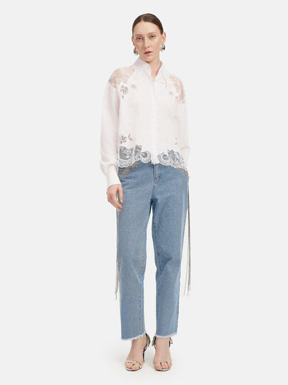 Lace Panel Semi-Sheer Cotton Shirt