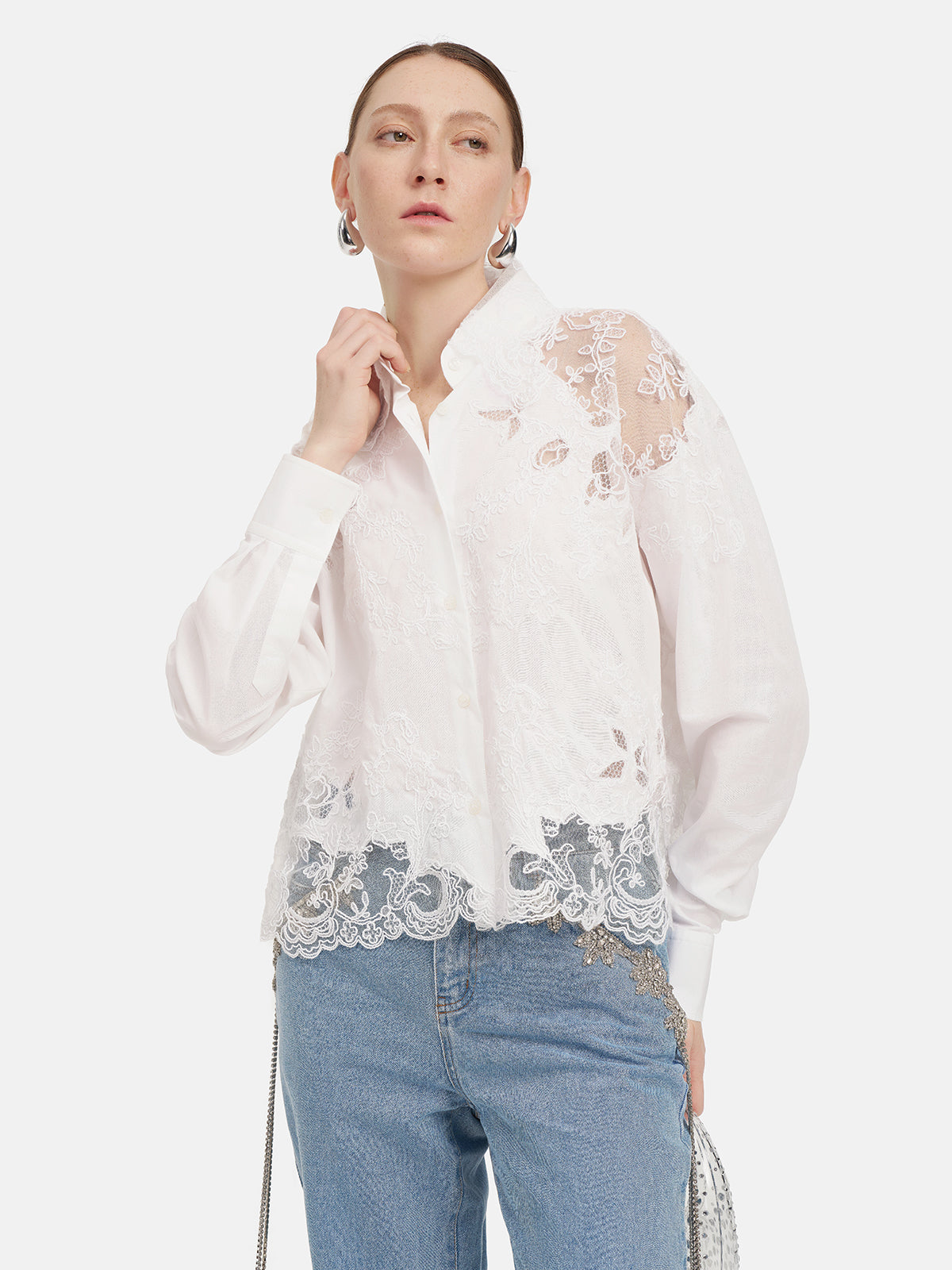 Lace Panel Semi-Sheer Cotton Shirt