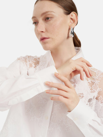 Lace Panel Semi-Sheer Cotton Shirt