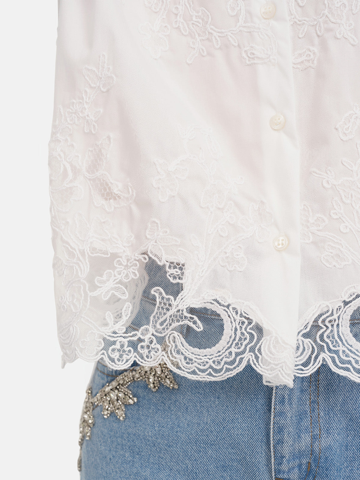 Lace Panel Semi-Sheer Cotton Shirt