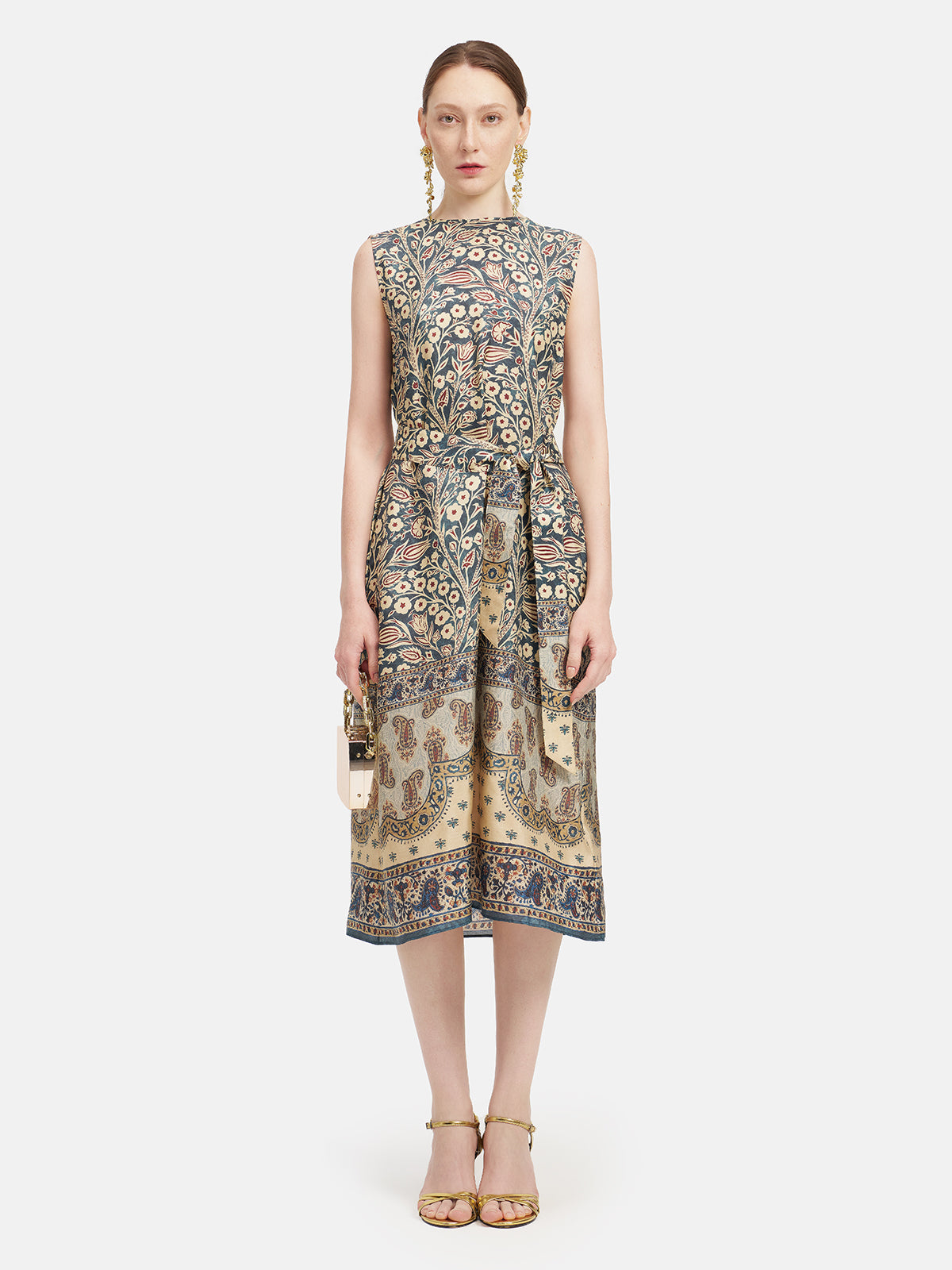 Moroccan-inspired Print Waist-Tied Silk Dress